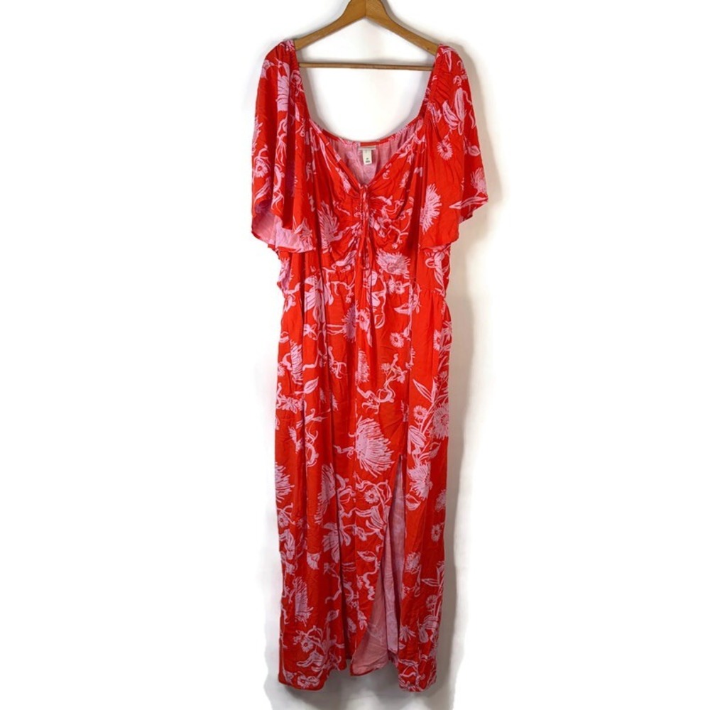 Ava & Viv Maxi Dress Womens 4X Red Pink Floral Flutter Sleeve Slit Boho